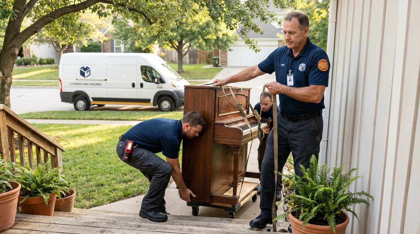 Licensed piano movers securing grand piano in Bountiful, UT