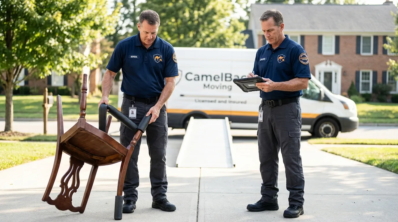 Movers inspecting furniture for damage prevention before loading in Bountiful, UT